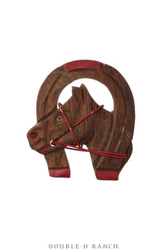 Pin, Wood, Horse Within Horseshoe, Vintage, Mid Century, 1195