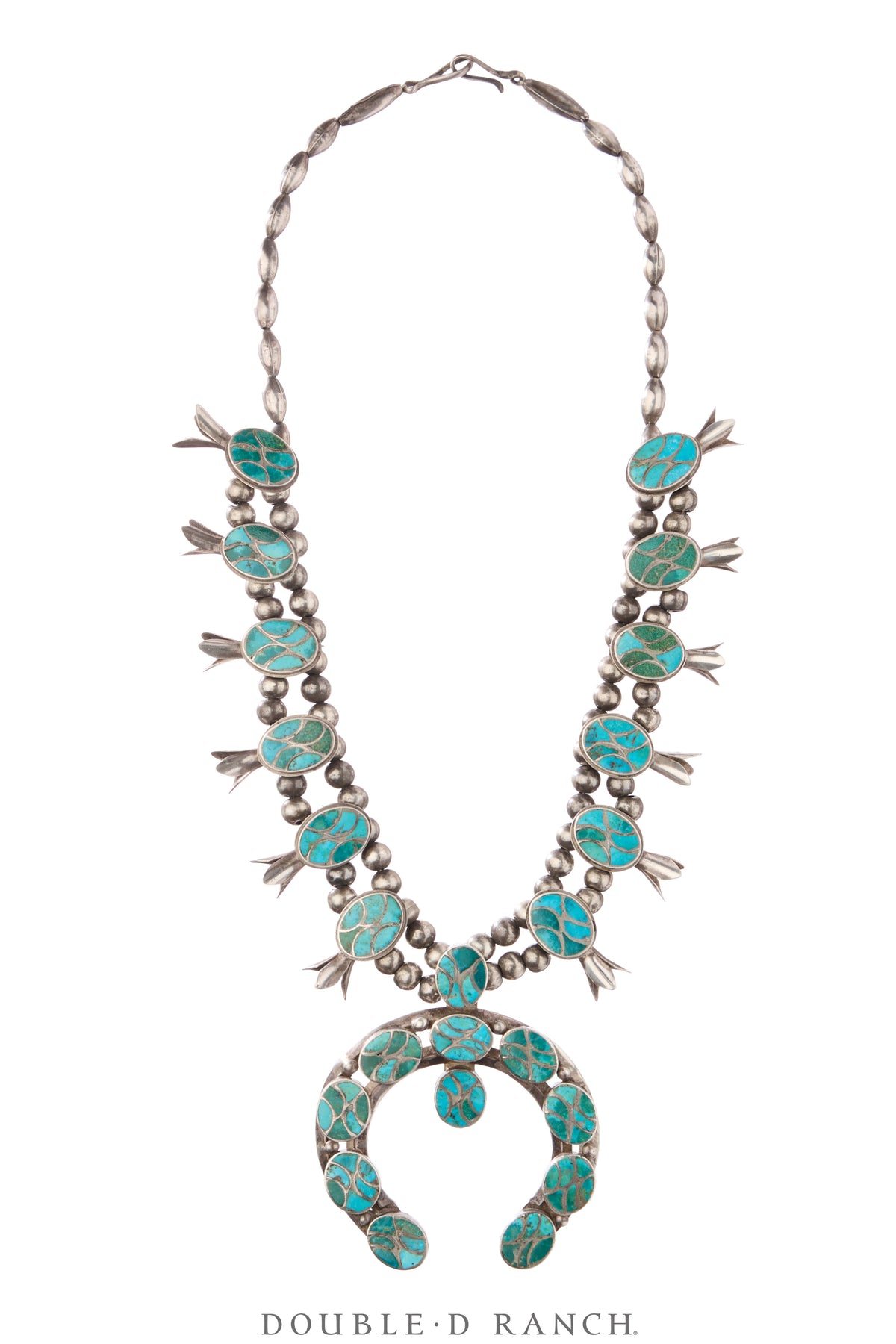 Necklace, Squash Blossom, Turquoise, Inlay, Rare, Vintage 40-50s, 3626