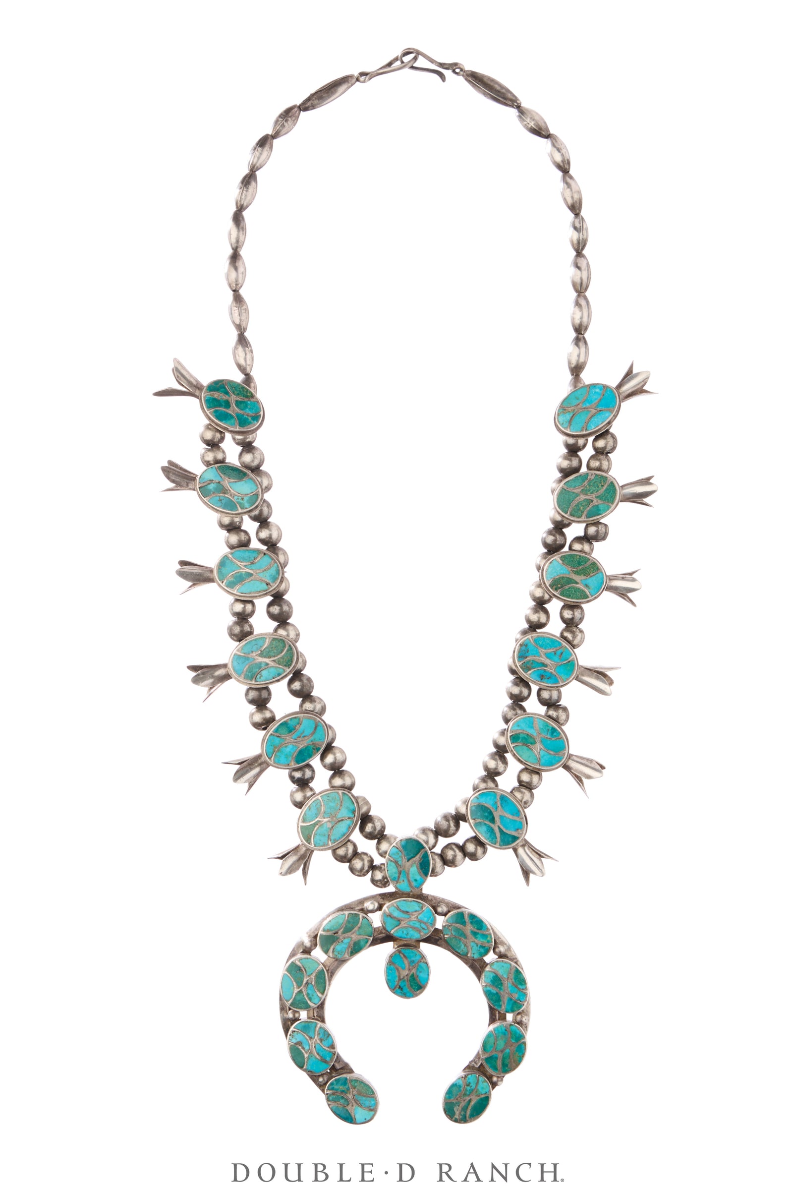 Necklace, Squash Blossom, Turquoise, Inlay, Rare, Vintage 40-50s, 3626