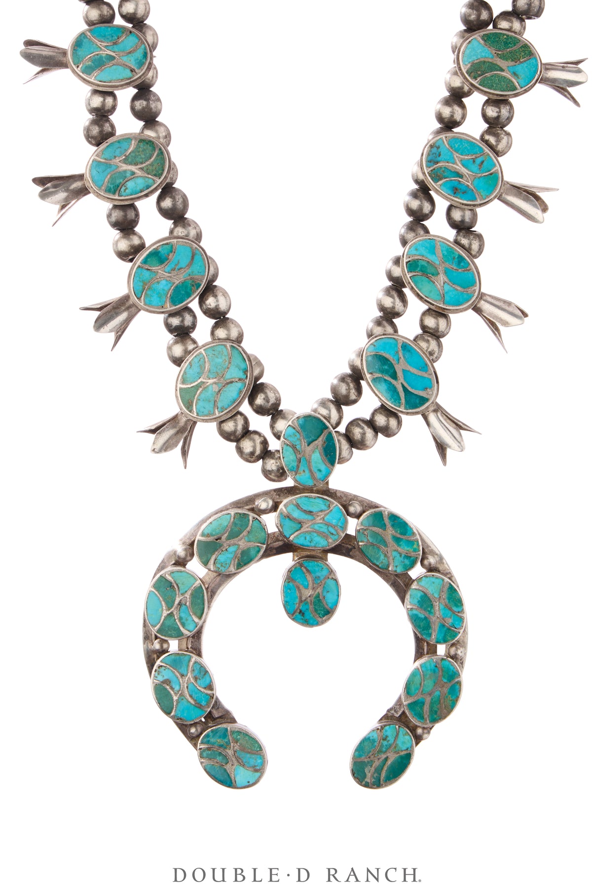 Necklace, Squash Blossom, Turquoise, Inlay, Rare, Vintage 40-50s, 3626