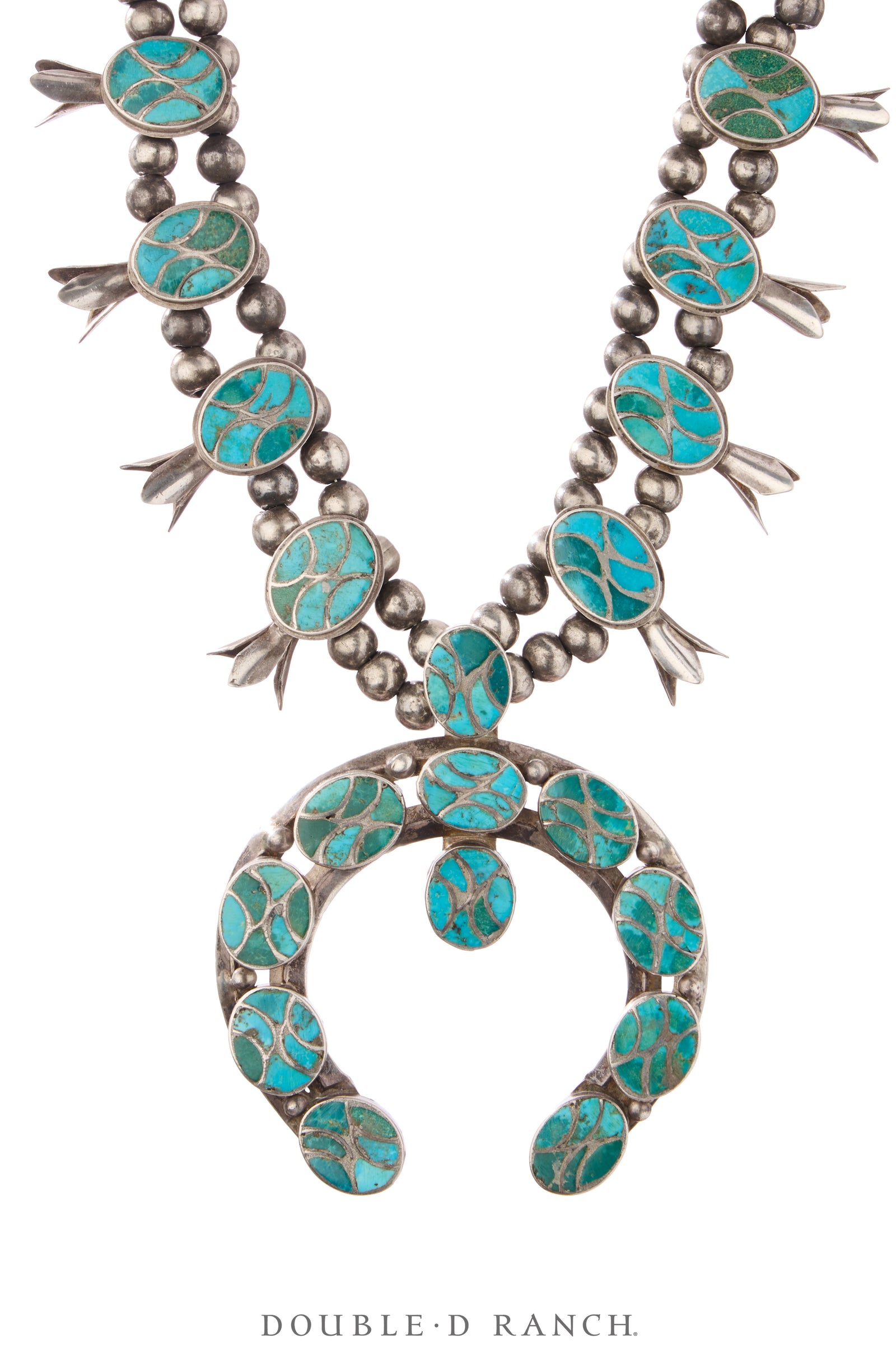 Necklace, Squash Blossom, Turquoise, Inlay, Rare, Vintage 40-50s, 3626