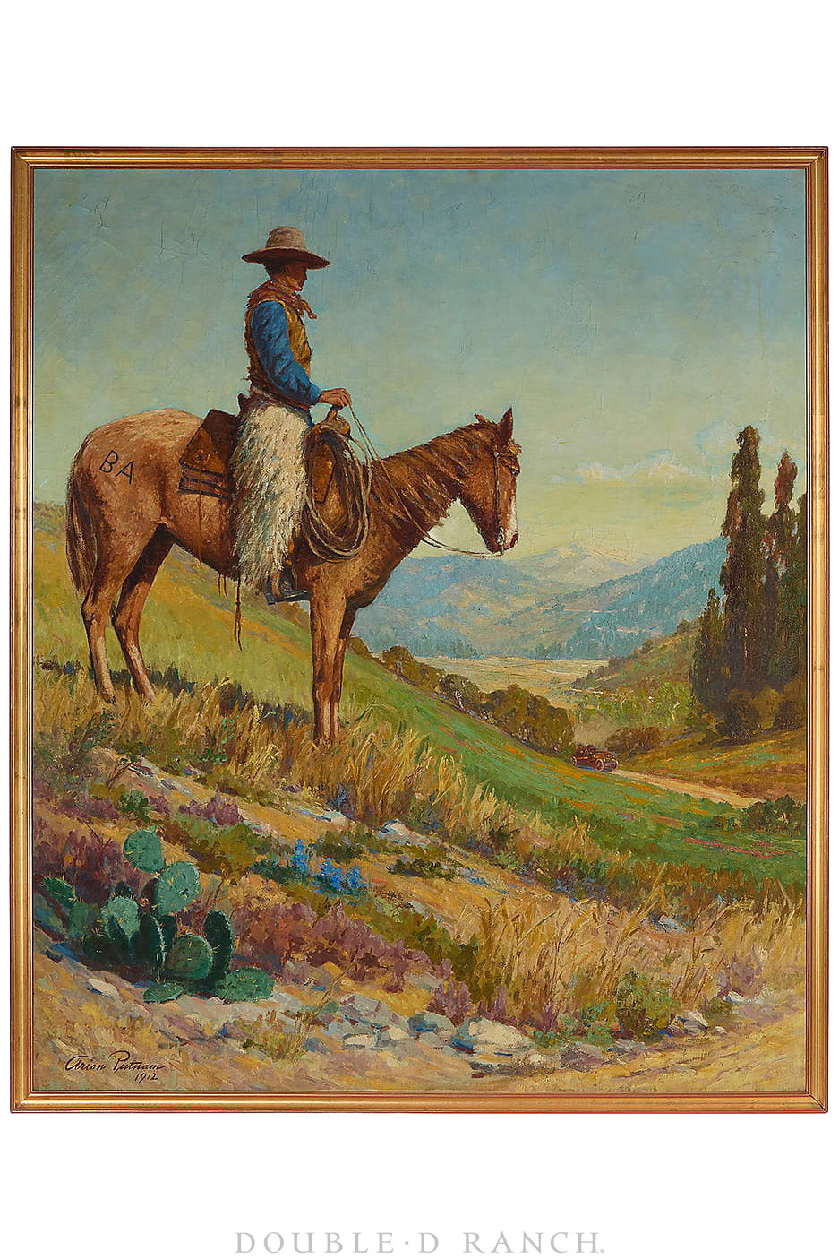 Art, Oil On Canvas, Western Genre, Cowboy On Horseback Observing a Pierce-Arrow Motorcar, Arion Putnam, Monumental, Antique, 1377