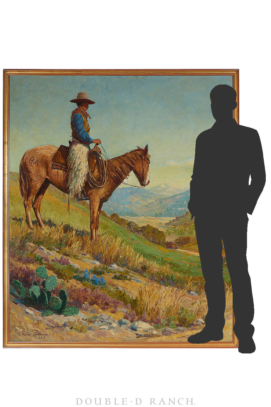 Art, Oil On Canvas, Western Genre, Cowboy On Horseback Observing a Pierce-Arrow Motorcar, Arion Putnam, Monumental, Antique, 1377