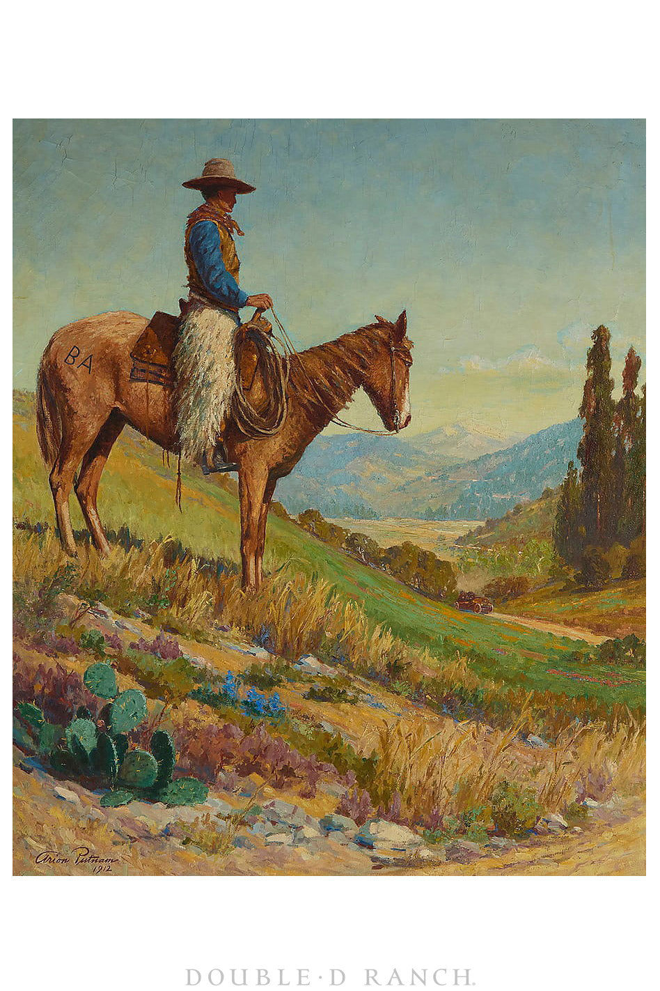 Art, Oil On Canvas, Western Genre, Cowboy On Horseback Observing a Pierce-Arrow Motorcar, Arion Putnam, Monumental, Antique, 1377