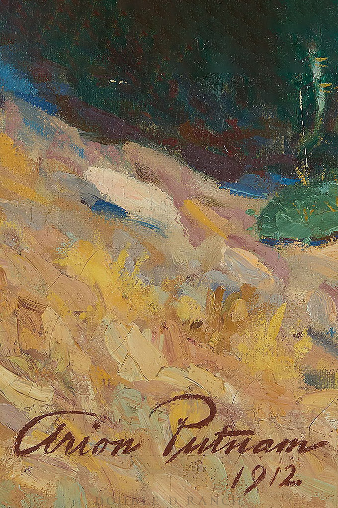 Art, Oil On Canvas, Western Genre, Cowboy On Horseback Observing a Pierce-Arrow Motorcar, Arion Putnam, Monumental, Antique, 1377