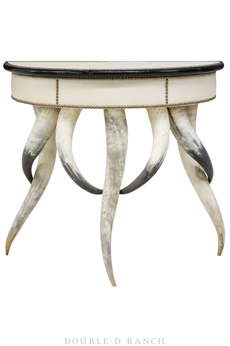 Furniture, Table, Longhorns, Demilune Console, Leather Top, Vintage 20th Century, 289