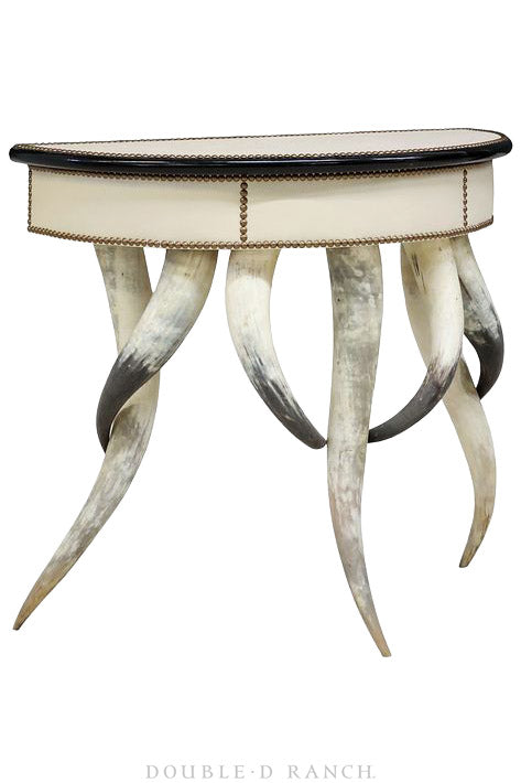 Furniture, Table, Longhorns, Demilune Console, Leather Top, Vintage 20th Century, 289