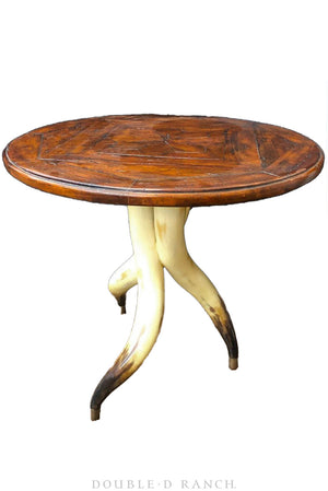 Furniture, Side Table, Longhorn Base With Carved Oak Top, DeWitt Maker, Vintage, 255