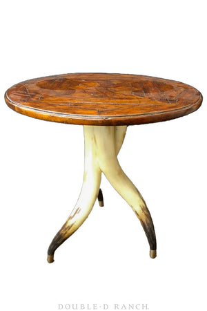 Furniture, Side Table, Longhorn Base With Carved Oak Top, DeWitt Maker, Vintage, 255