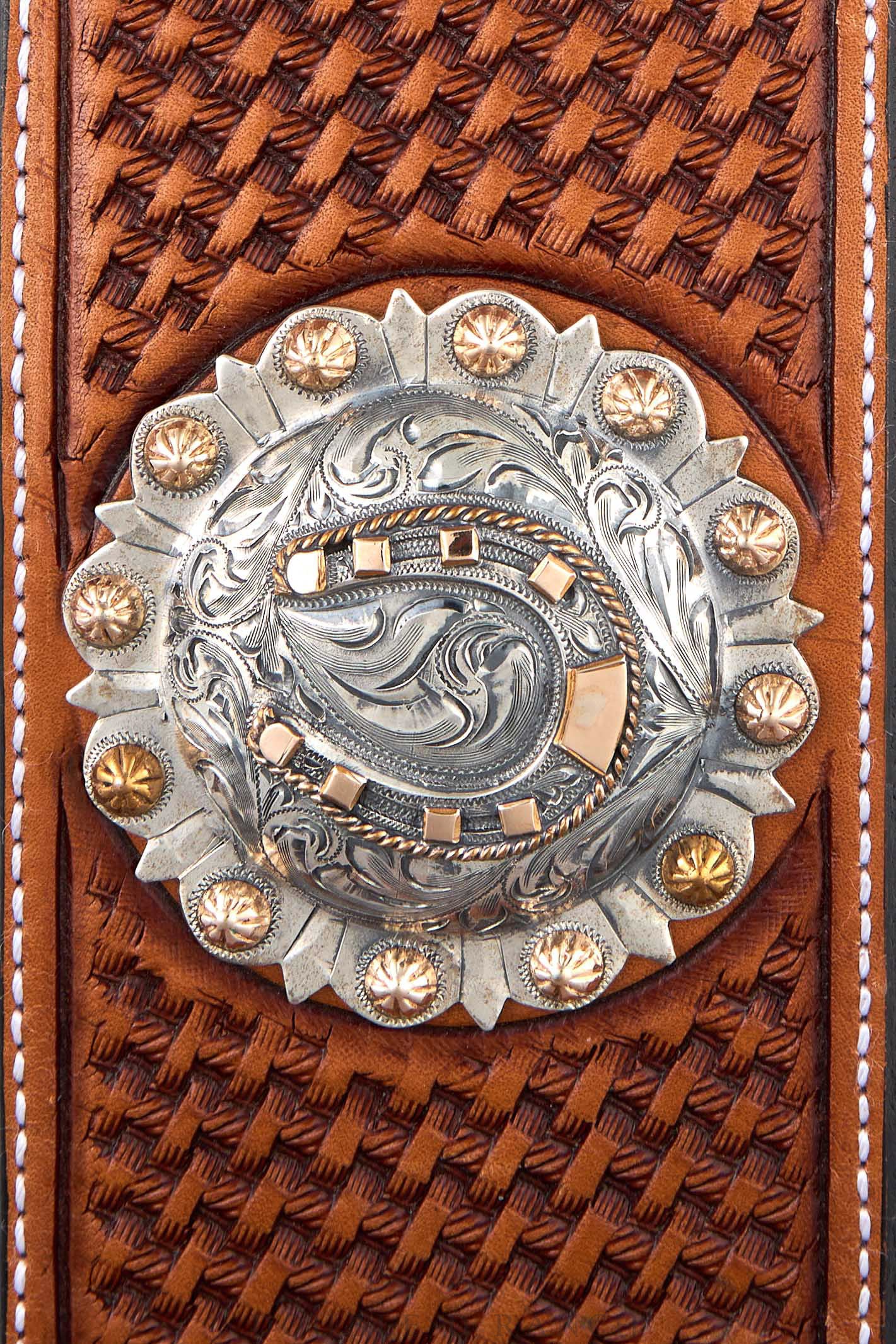 Belt, A, Western Concho, Engraved, Basket Weave Tooled Leather, Contemporary, 503