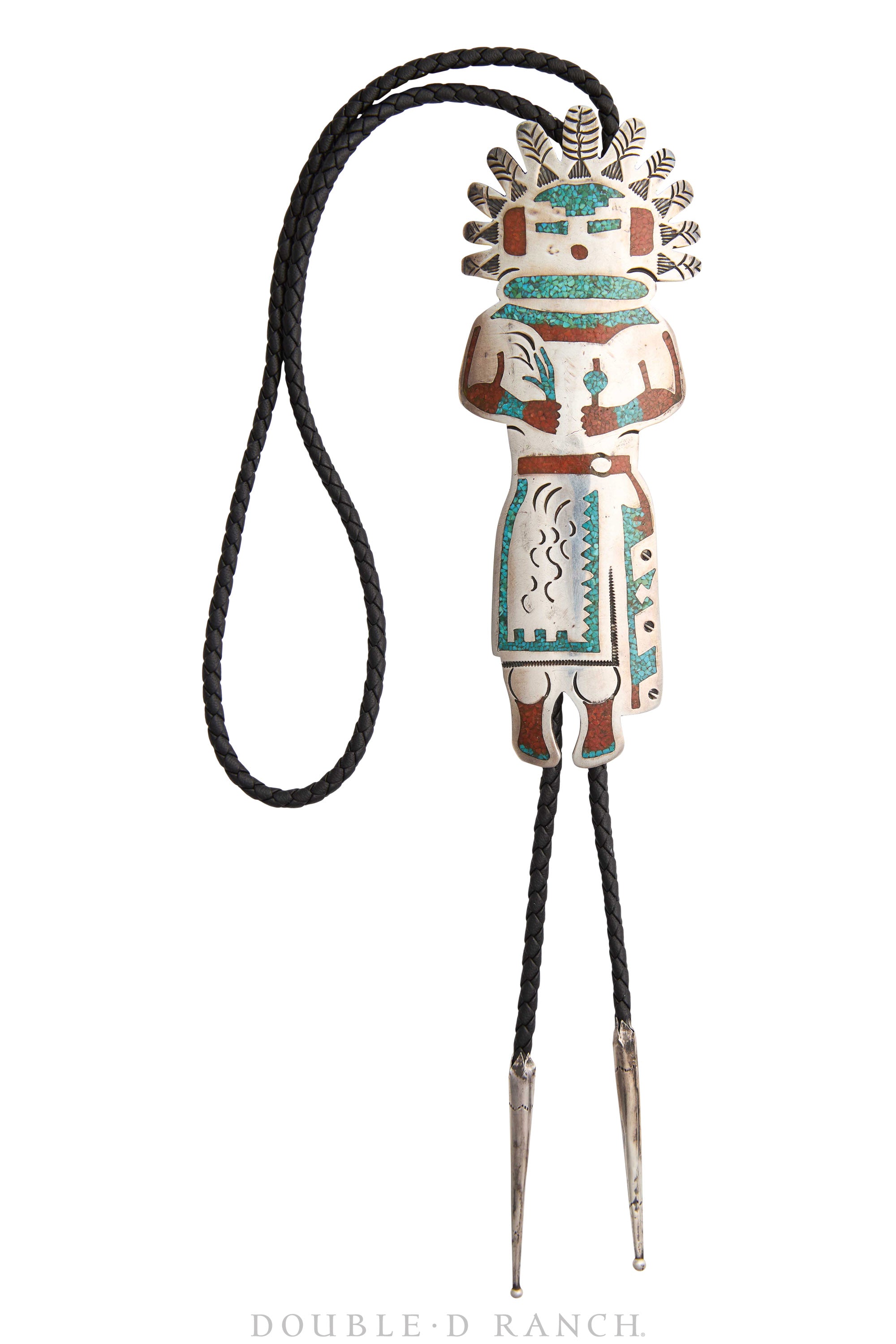 Bolo, Chip Inlay, Kachina, Turquoise & Coral Chips, Tommy Singer Hallmark, Vintage ‘60s, 3158