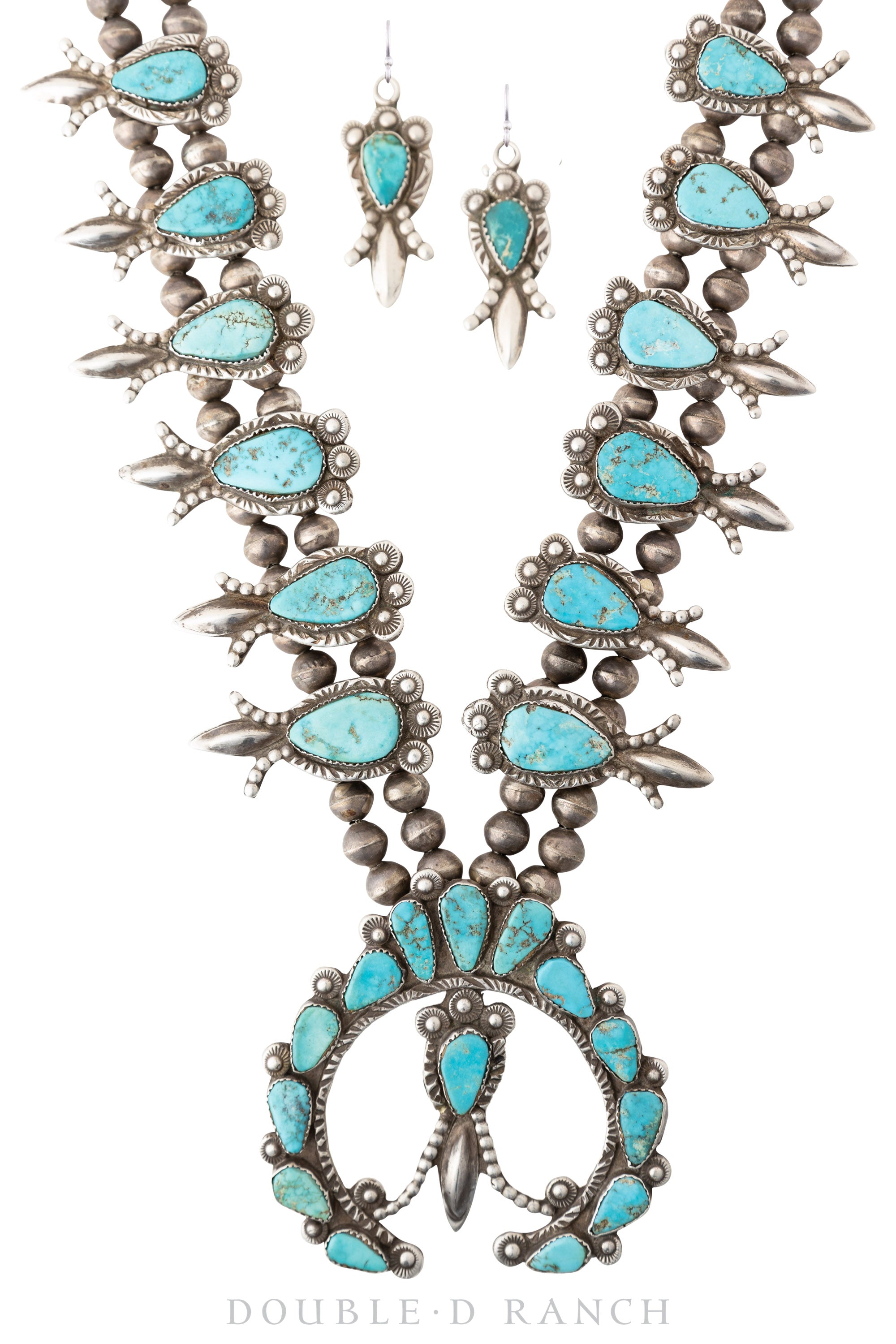 Necklace, Squash Blossom, Turquoise, Matching Earrings, Dan Simplicio Attribution, Vintage ‘50s, 1943