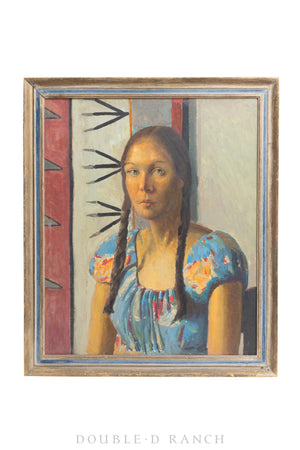 Art, Oil on Board, Young Native Woman, Western Taos School, Vintage, 1307