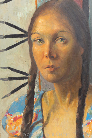 Art, Oil on Board, Young Native Woman, Western Taos School, Vintage, 1307