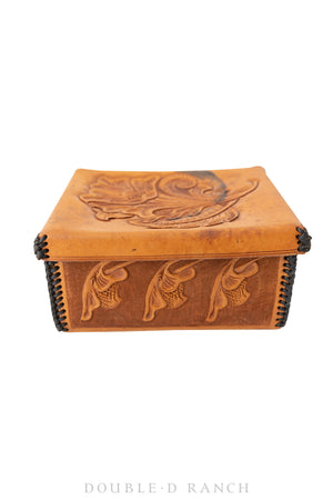Miscellaneous, Box, Tooled Leather, Floral Design with laced Edges, Vintage ‘70s, 734