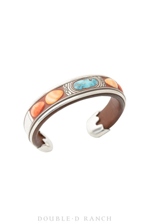 Cuff, Leather, Turquoise & Spiny Oyster, Inlay, Artisan, Contemporary, 3348