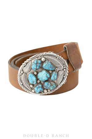 Belt, A Buckle, Turquoise, Hand Carved Stones, Feather Applique, Hallmark, Vintage, 320