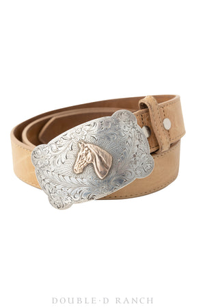 Belt, A Buckle, Western, Horse Profile, Sterling Silver & 14K Gold, Olsen-Note Hallmark, Vintage, 334