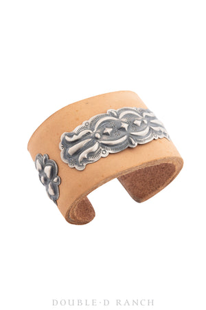 Cuff, Leather, Sterling Silver, Stamp Work, Contemporary, 3526