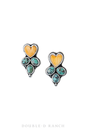 Earrings, Drop, Turquoise & Orange Spiny Oyster, Heart, Contemporary, 1205
