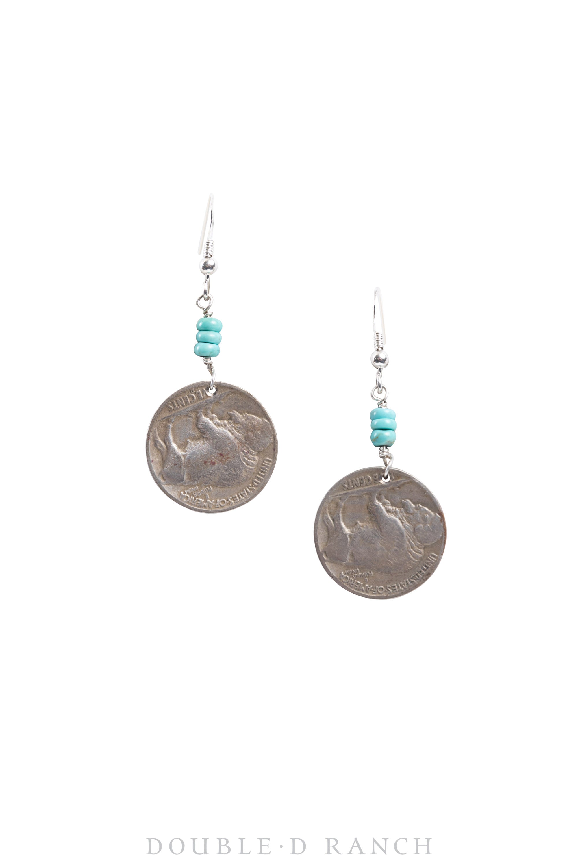 Earrings, Dangle, Turquoise & Buffalo Nickel, Coin, Contemporary, 1496