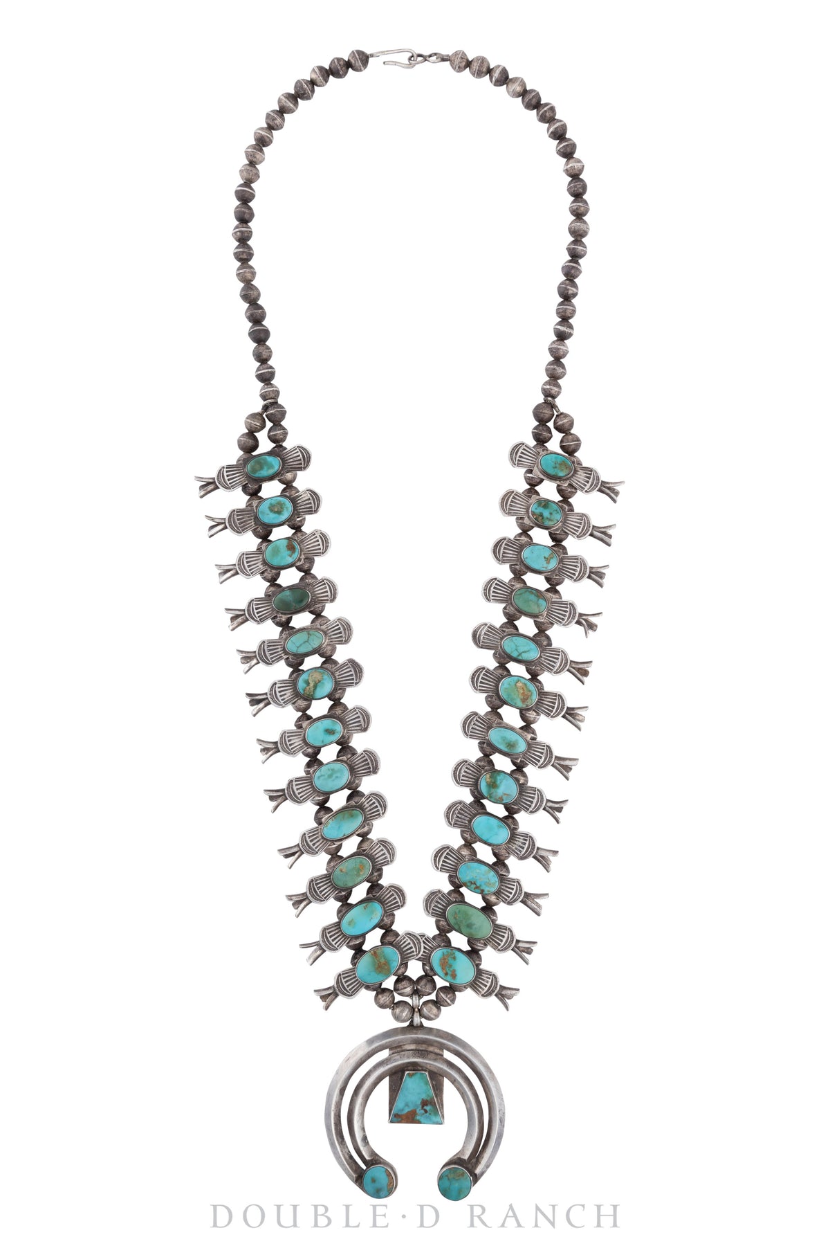 Necklace, Squash Blossom, Turquoise, Box & Bow, Vintage, ‘40s, 3098