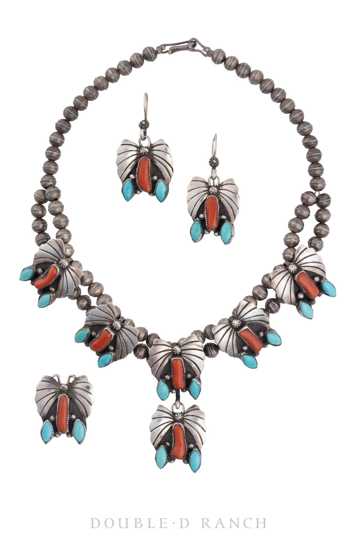 Necklace, Princess, Turquoise &amp; Coral, Butterflies, Matching Earrings and Ring, Vintage, 3095