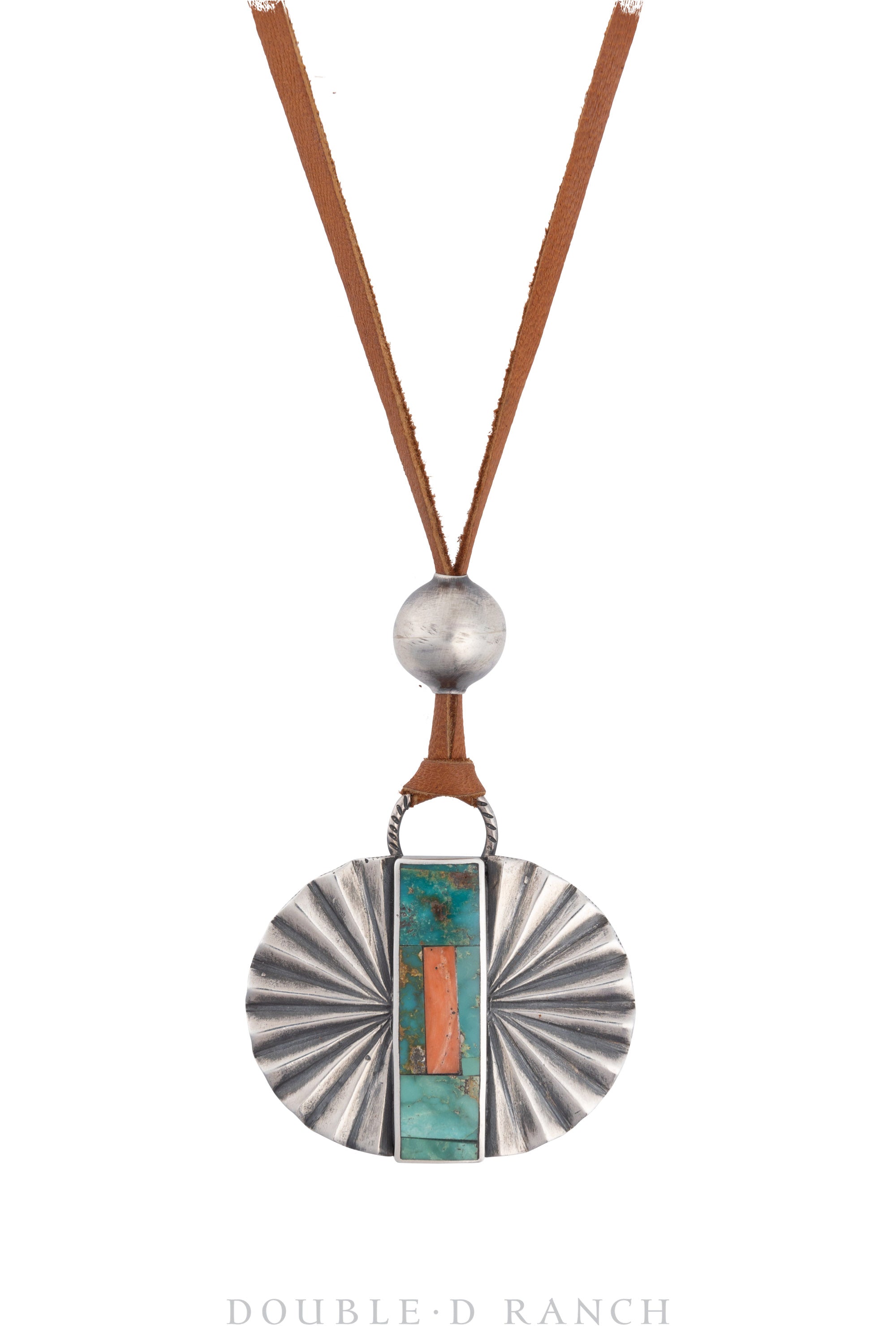Necklace, Jesse Robbins, Leather Thong, Turquoise & Orange Spiny Oyster, Morgan Silver Dollar Coin, Hallmark, Contemporary, 3090