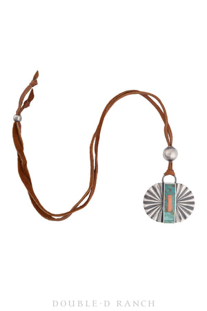 Necklace, Jesse Robbins, Leather Thong, Turquoise & Orange Spiny Oyster, Morgan Silver Dollar Coin, Hallmark, Contemporary, 3090