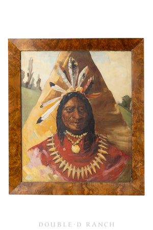 Art, Oil on Canvas, Plains Warrior, Burl Frame, C.F. White, Vintage, 1300