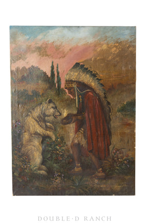 Art, Oil on Canvas, Warrior & Wolf, Vintage, 1302