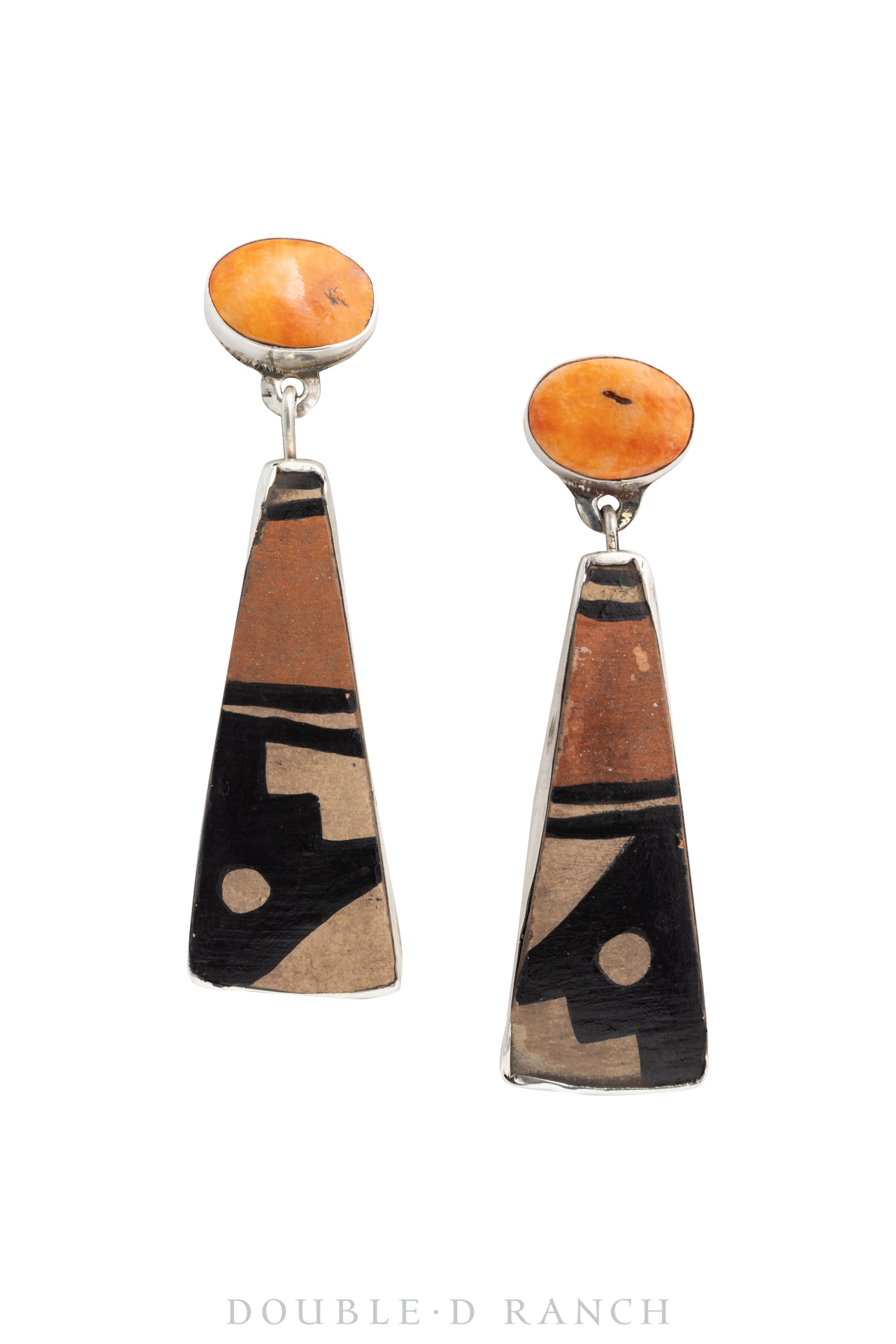 Earrings, Oscar Betz, Triangle, Pottery Shards & Orange Spiny Oyster, Hallmark, Contemporary, 1310B