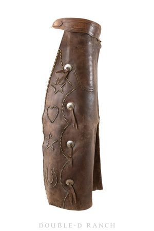 Miscellaneous, Chaps, Bat Wing, Brass Nails, Horseshoe, Star & Hearts, Rare Inside Pockets, Vintage ‘40s, 649