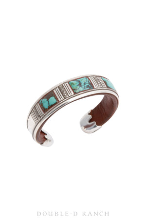 Cuff, Inlay, Turquoise, Sterling Silver, Leather Lined, Artisan, Contemporary, 3407