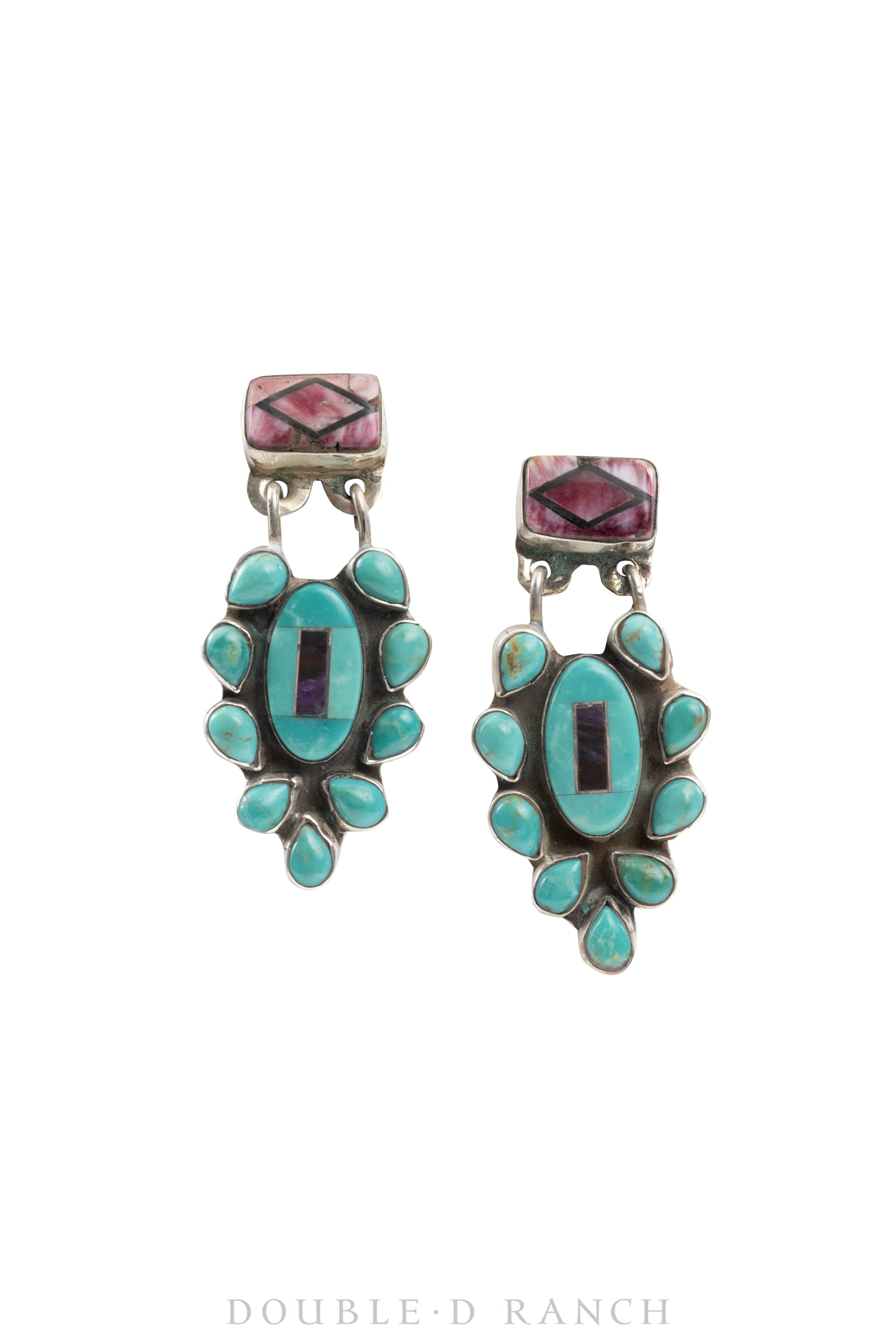 Earrings, Oscar Betz, Chandelier, Inlay, Turquoise, Purple Spiny Oyster, Hallmark, Contemporary,1583