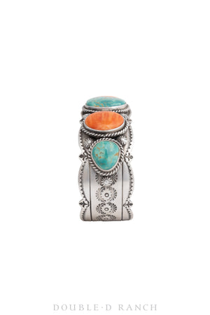 Cuff, Natural Stone, Turquoise & Orange Spiny Oyster, 5 Stones, Hallmark, Contemporary, 3424