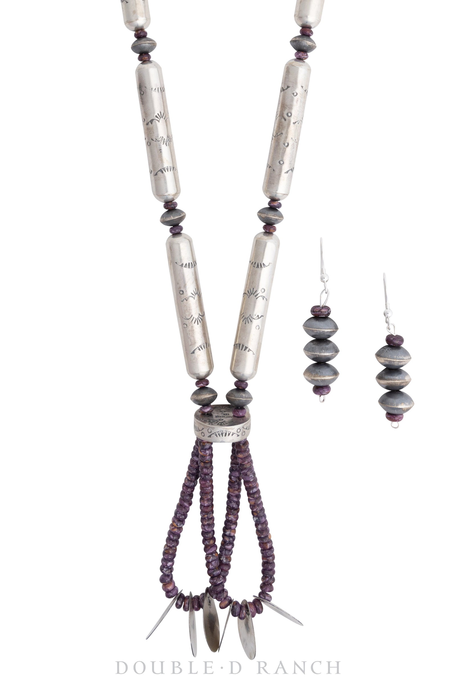 Necklace, Desert Pearls, Round and Tubular, Sterling Silver, Purple Spiny Oyster, with Earrings, Contemporary, 2947