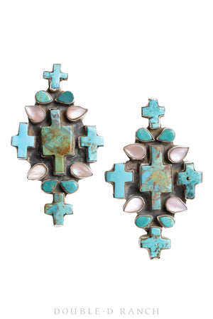 Earrings, Oscar Betz, Unusal, Turquoise and Pink Mother of Pearl, Hallmark, 1617