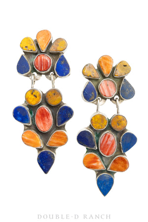Earrings, Oscar Betz, Triangle, Lapis, Yellow Jasper, & Orange Spiny Oyster, Hallmark, Contemporary, 1309