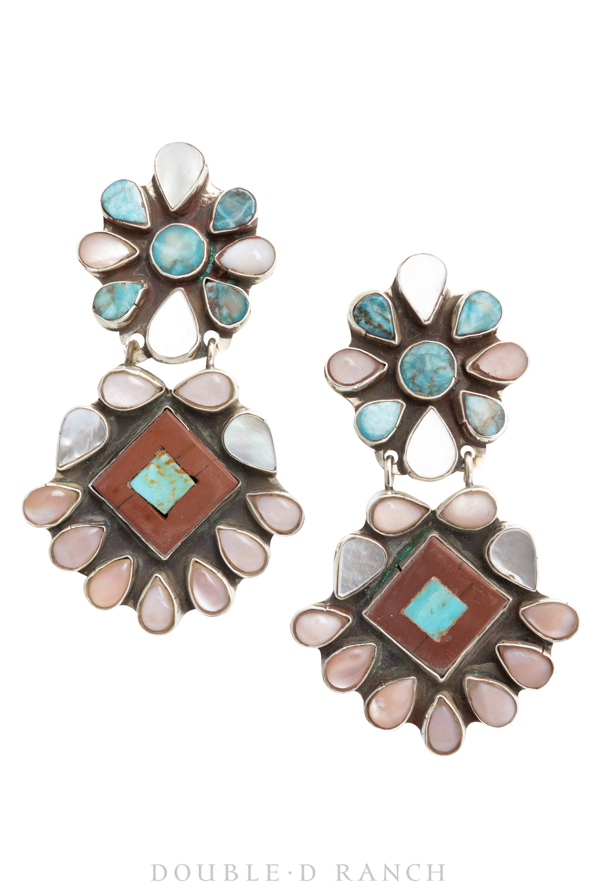 Earrings, Oscar Betz, Fans, Pink Mussel Shell, Turquoise, & Pipestone, Hallmark, Contemporary, 1307