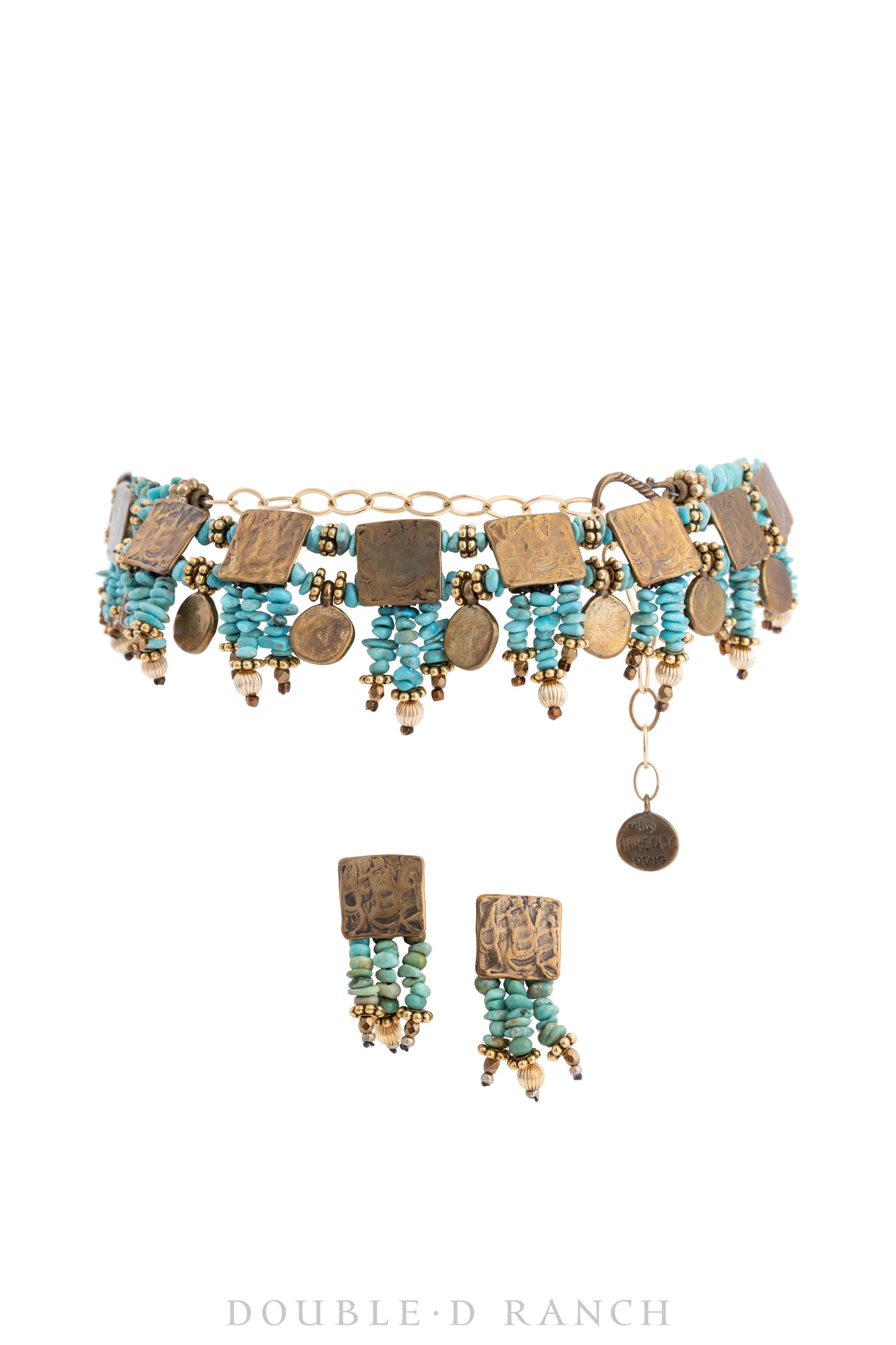 Necklace & Earrings, Mummy's Bundle, Choker, Turquoise & Brass, Hallmark, Vintage, 3183