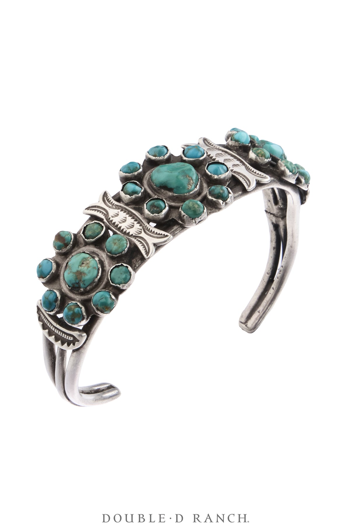 Cuff, Cluster, Turquoise, Snake Eyes Stones With Repouse Bar Spacers, Sans Hallmark, Vintage 40's, 4343