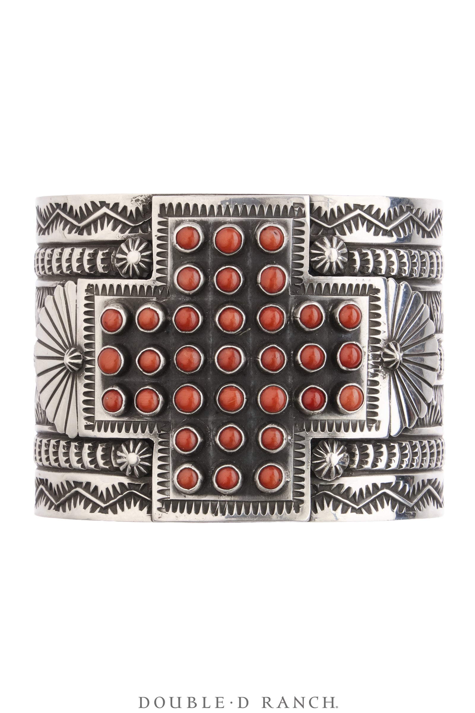 Cuff, Novelty, Coral, Snake Eye Stones Set in Cross, Heavy Stampwork, Sunshine Reeves Hallmark, Vintage, 4358