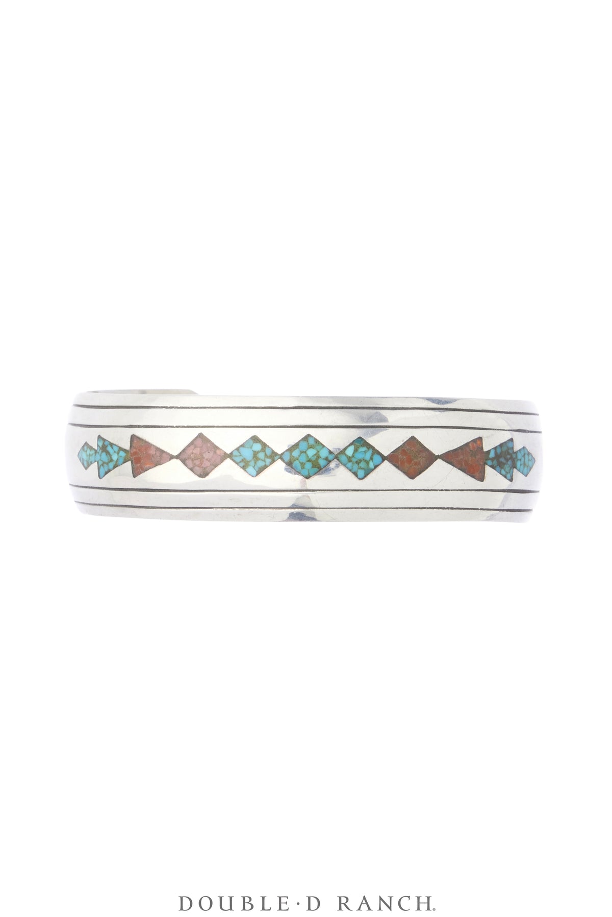 Cuff, Inlay, Turquoise &amp; Coral Chip Inlay, Geometric, Vintage, 4368