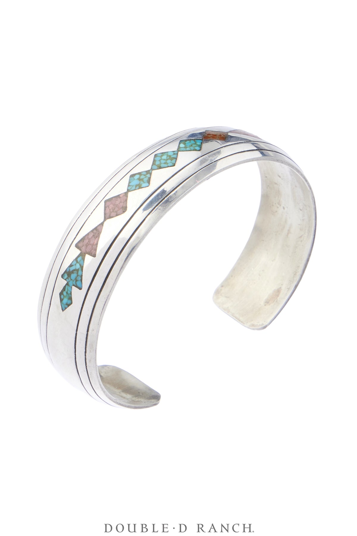 Cuff, Inlay, Turquoise &amp; Coral Chip Inlay, Geometric, Vintage, 4368