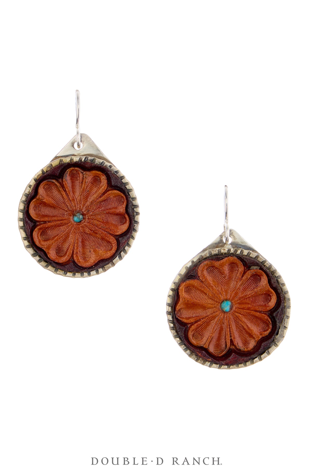 Earrings, Novelty, Leather Tooling With Turquoise, Artisan, Contemporary, 2281
