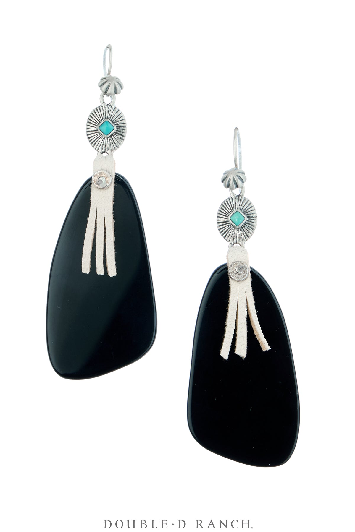 Earrings, Slab, Onyx, Leather Fringe, Artisan, Contemporary, 2290