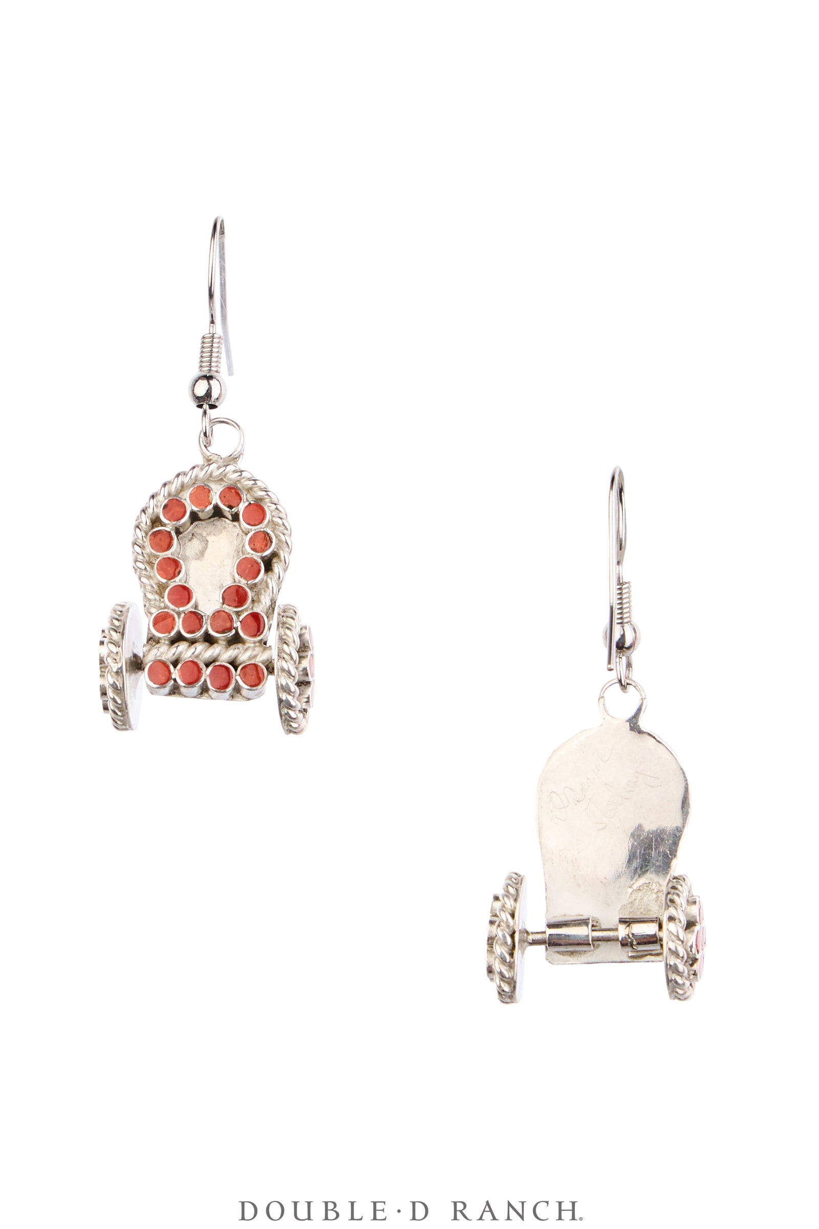Earrings, Inlay, Coral, Wagons in Dishta Style, Hallmark, Vintage, 2300