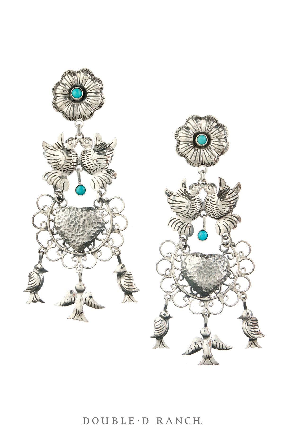 Earrings, Federico, Mazahua, Turquoise & Sterling Silver, Doves, Hallmark, Contemporary, 2334