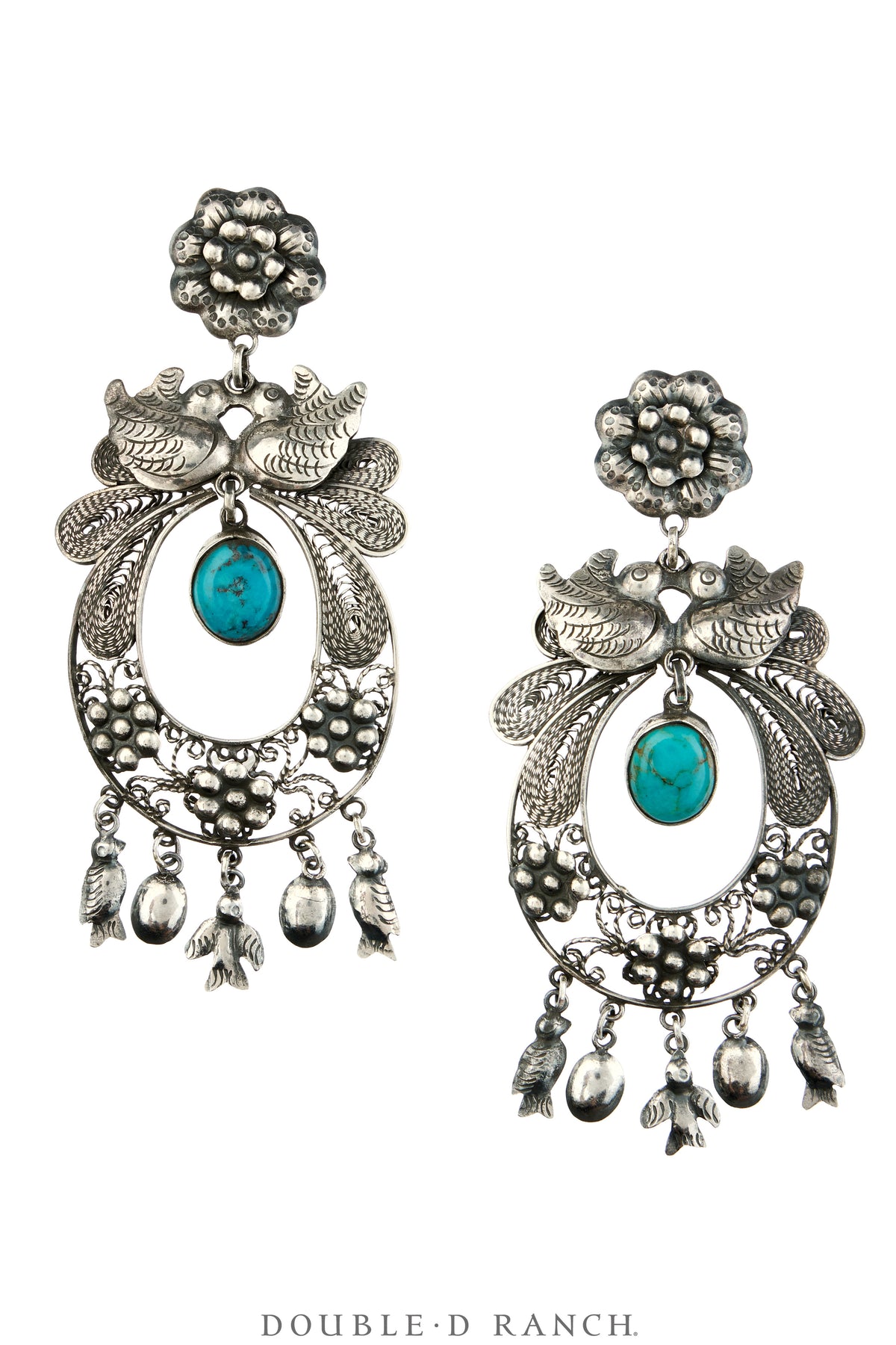 Earrings, Federico, Mazahua, Turquoise & Sterling Silver, Doves, Hallmark, Contemporary, 2336